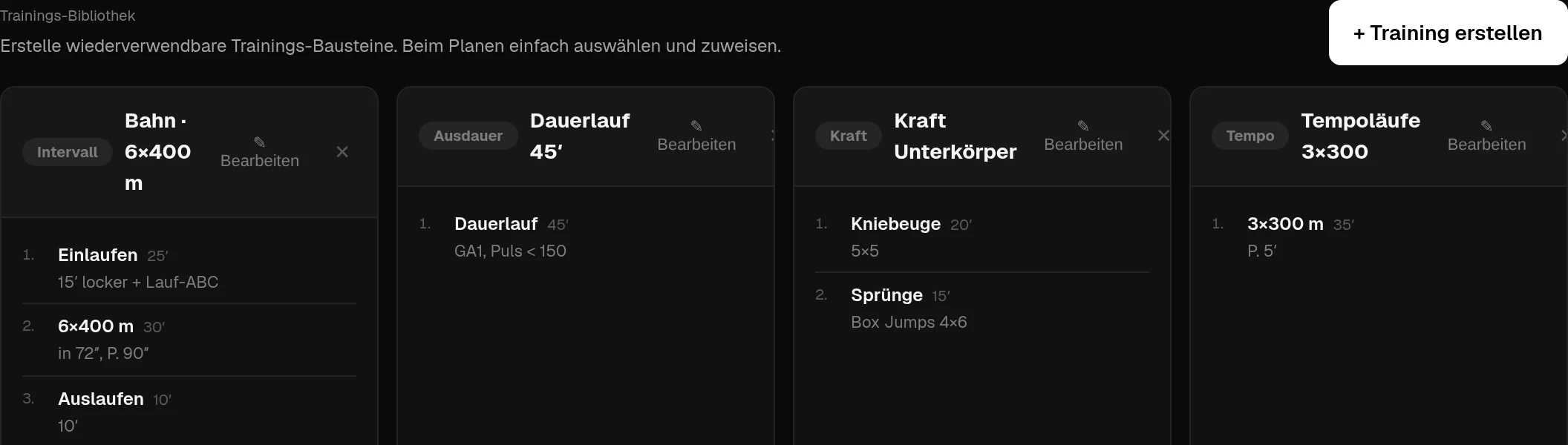 Trainings-Bibliothek mit Bahn 6×400 m, Dauerlauf 45 Minuten, Kraft Unterkörper und Tempoläufen