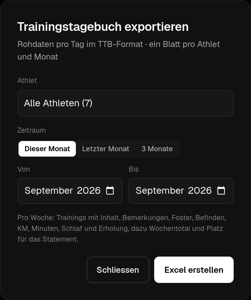 Dialog Trainingstagebuch exportieren: Athlet, Zeitraum, Excel erstellen
