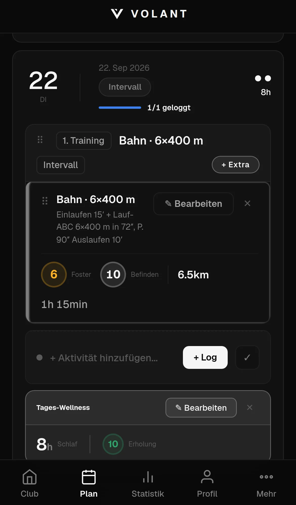 VOLANT auf dem iPhone: geloggtes Bahntraining 6×400 m mit Foster, Befinden und Distanz